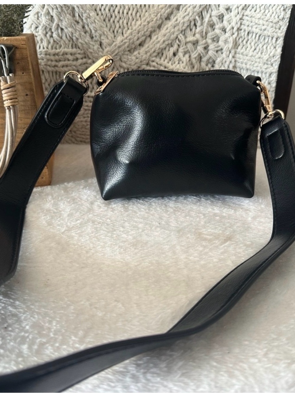 Anthropologie Black Vegan Leather Crossbody Bag with Gold Hardware NWOT
